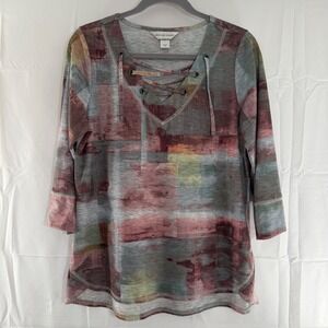 Christopher & Banks Womens Small Abstract Print Lace Up V-Neck 3/4 Sleeve Top